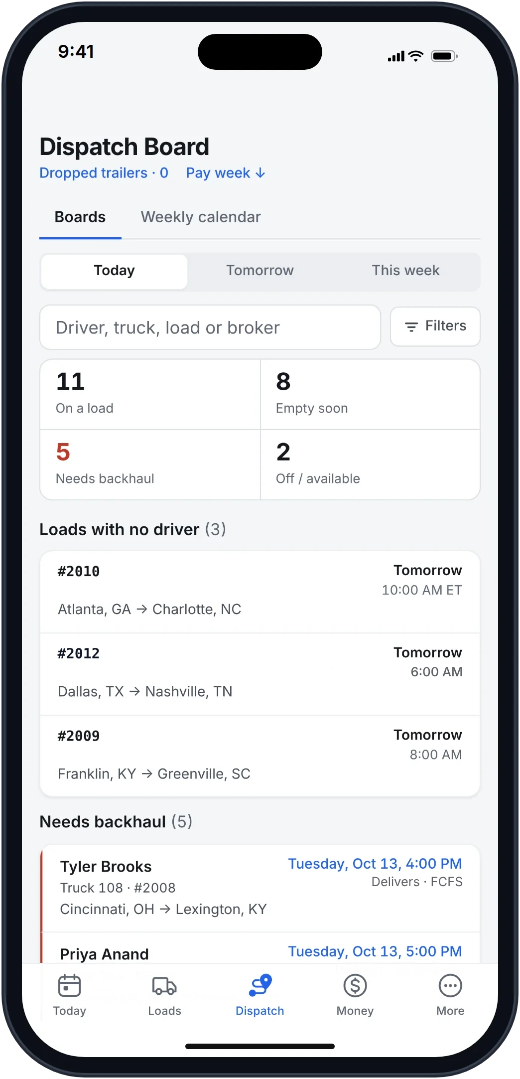 Frontier office app Dispatch Board with trucks on a load, empty soon, loads with no driver, and drivers needing a backhaul.