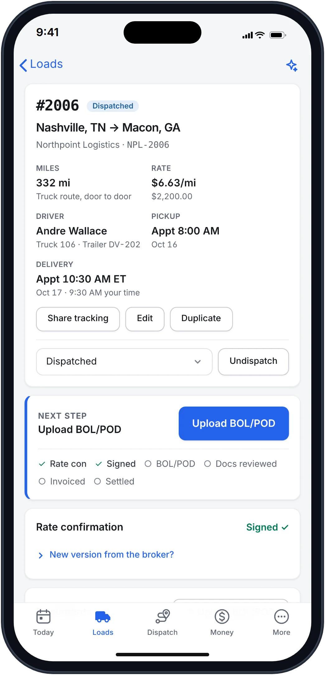 Frontier office app load record with miles, rate per mile, driver, appointments, status, and the next step.