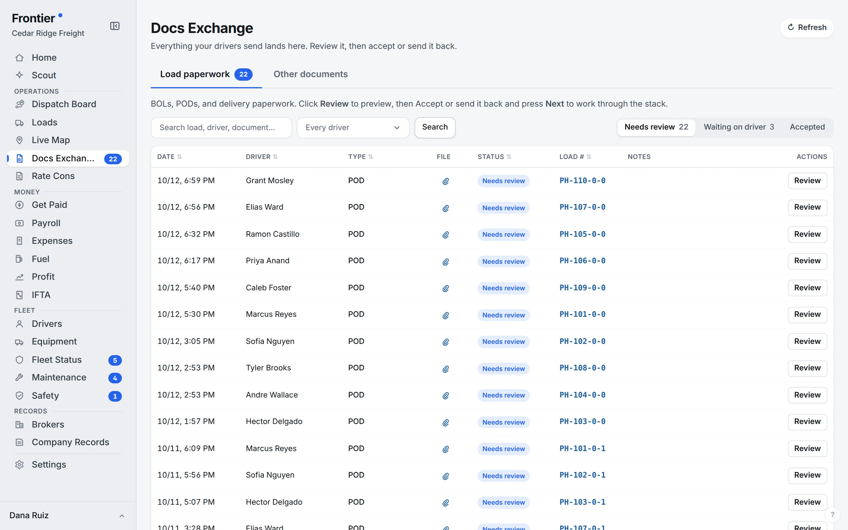 Frontier Docs Exchange listing PODs from drivers waiting for review, each tied to its load.