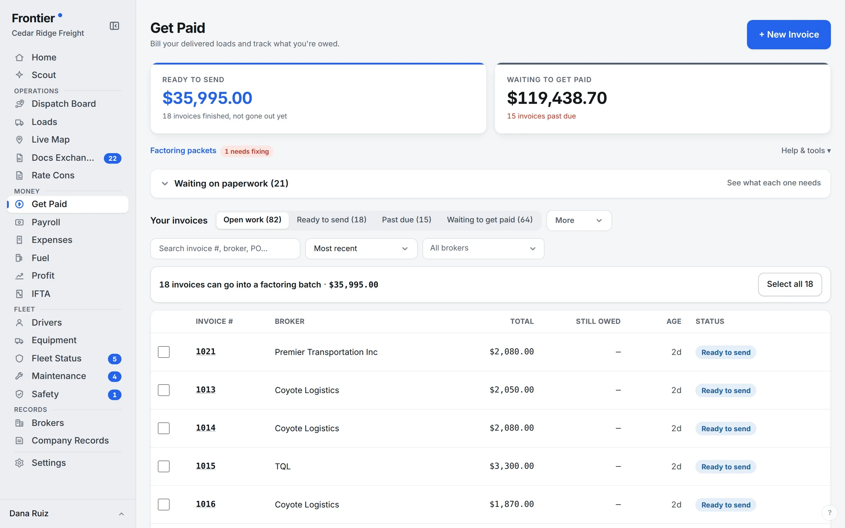 Frontier Get Paid screen with money ready to send and waiting to get paid, and the invoice list.
