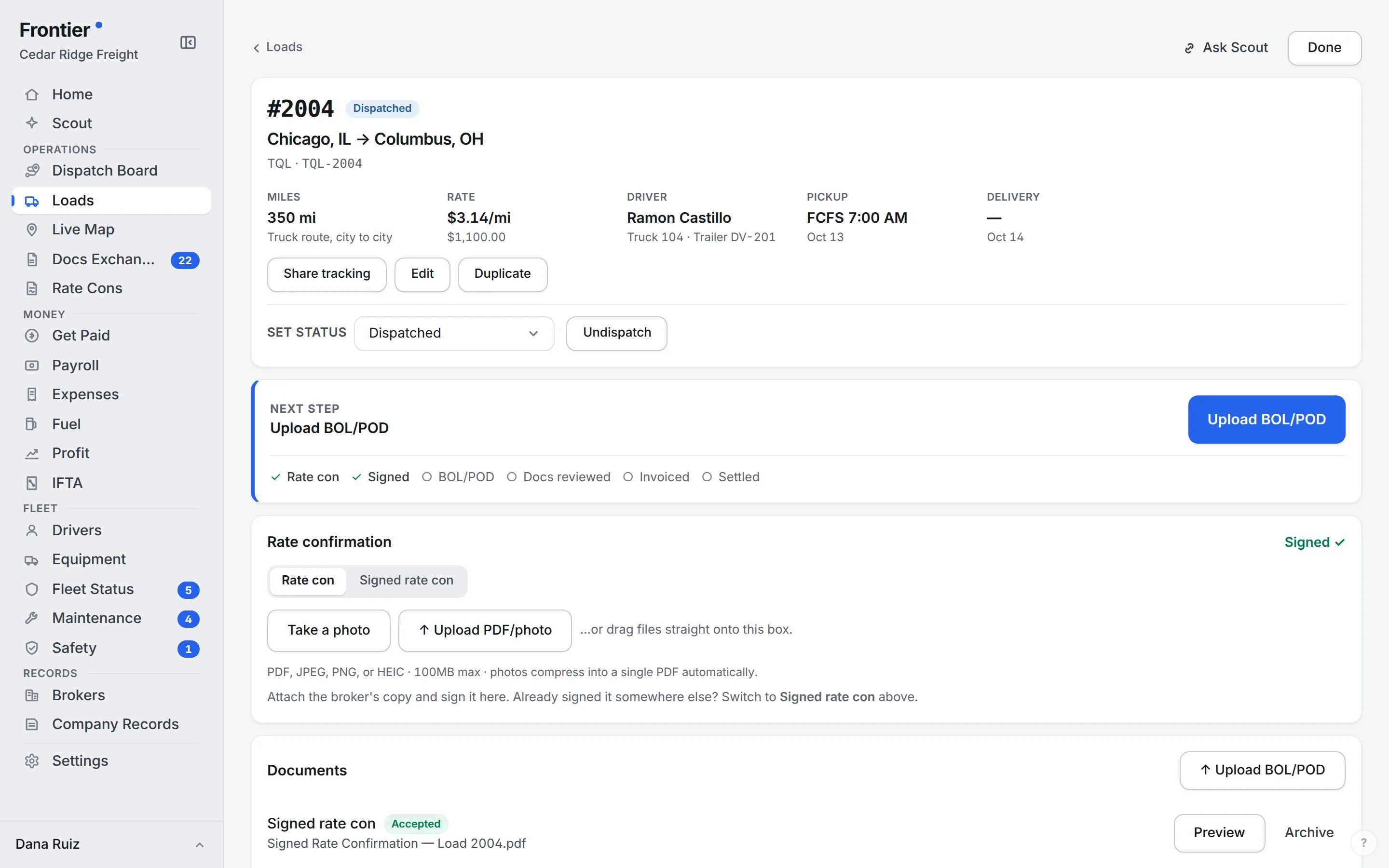 Frontier load record with miles, rate per mile, driver, pickup and delivery, the next step and the signed rate confirmation.