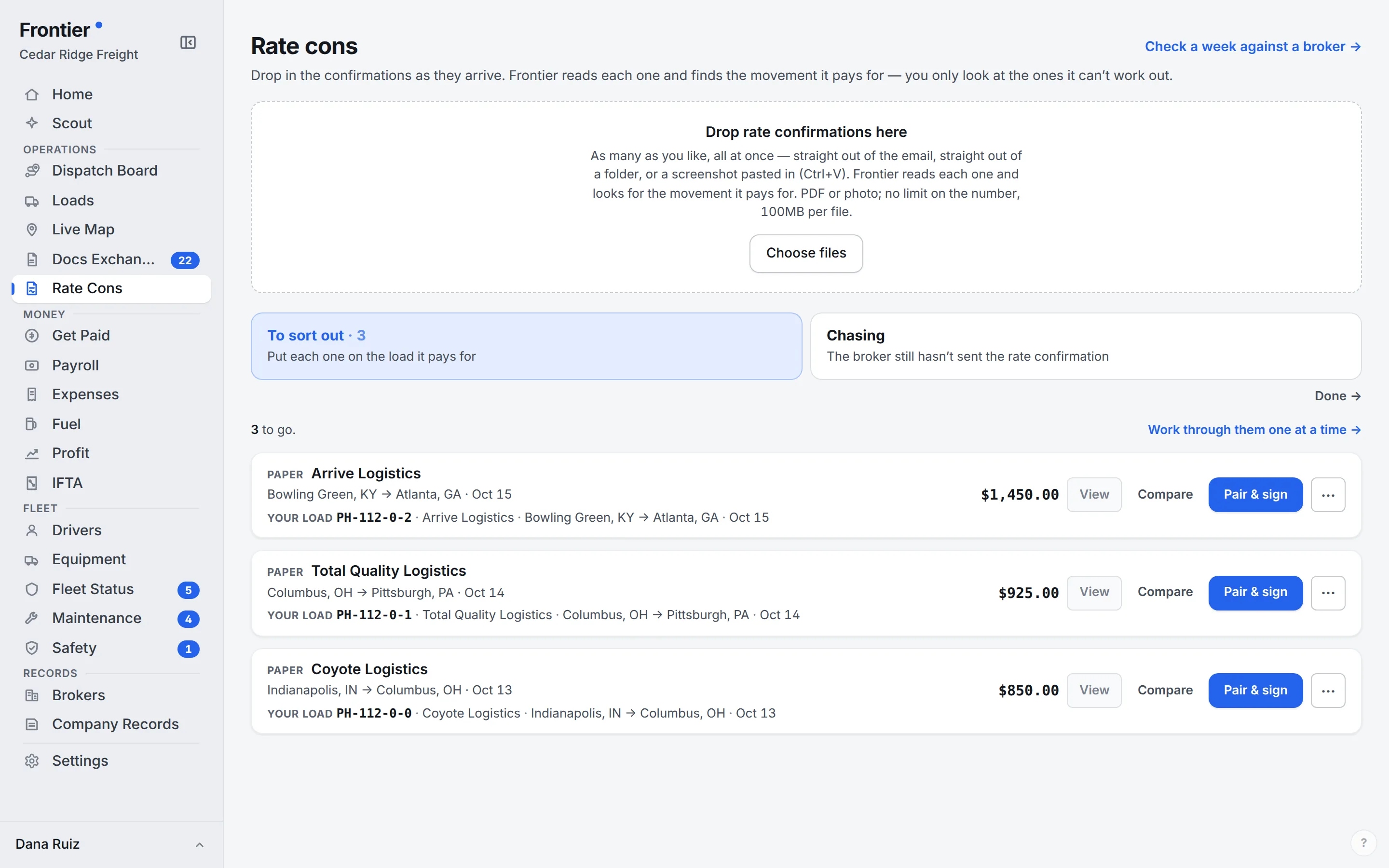 Frontier Rate cons screen: three rate confirmations read, each paired with the load it pays for, ready to pair and sign.