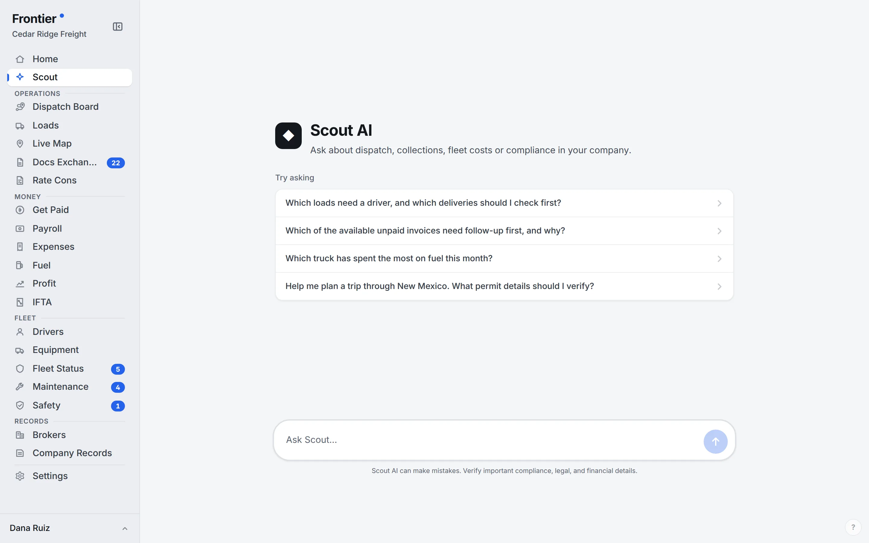 Scout, the Frontier AI assistant, with suggested questions about loads, unpaid invoices, fuel and permits.
