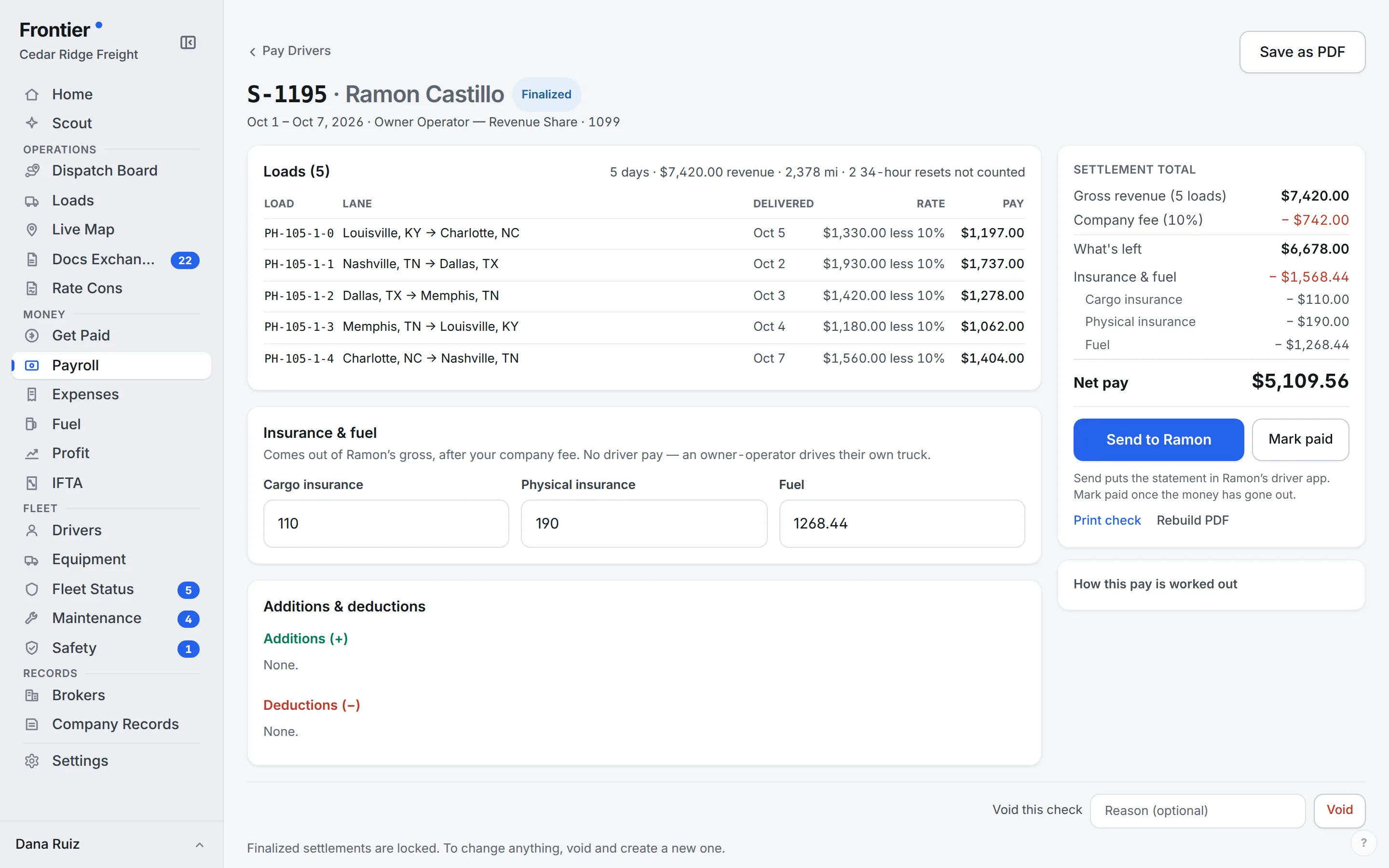 Frontier owner-operator settlement with loads, company fee, insurance and fuel, and net pay.